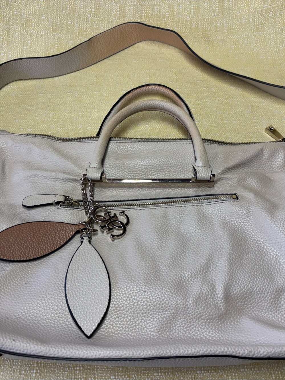 Guess Two-Tone Leather Tote in White and Tan